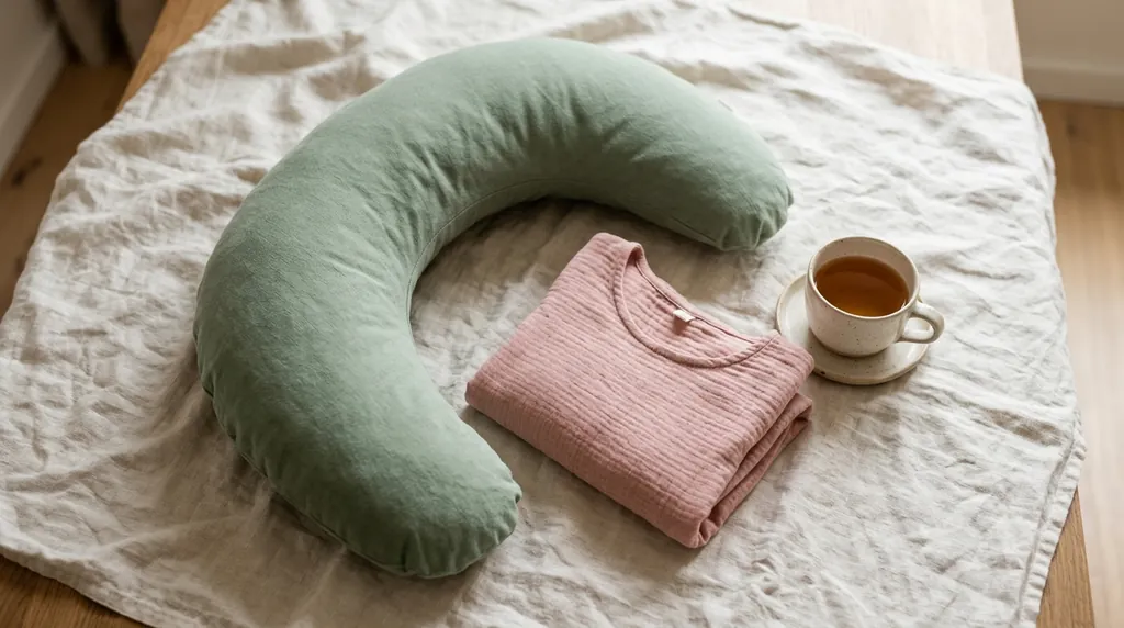Stillkissen, gefaltetes Stilltop und Teetasse auf heller Decke