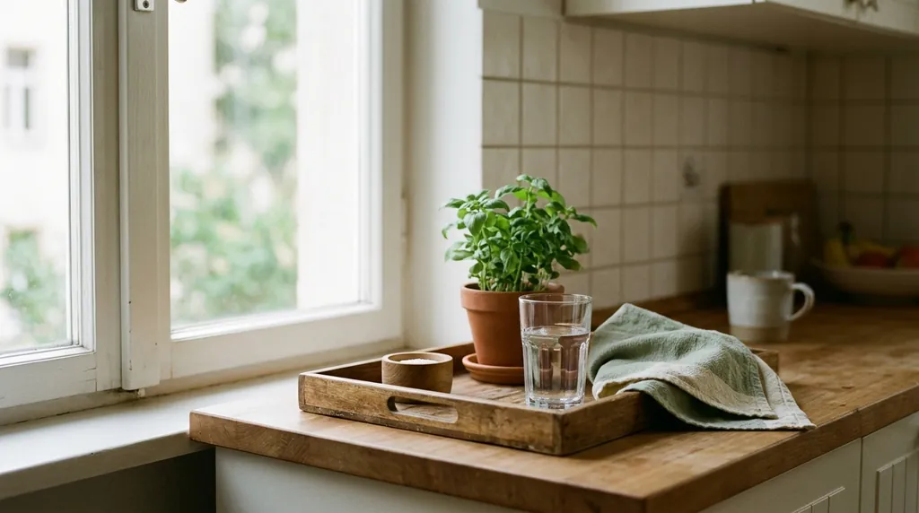Aufgeräumte Küchenarbeitsplatte am Fenster mit Geschirrtuch, Wasserglas und Kräutertopf
