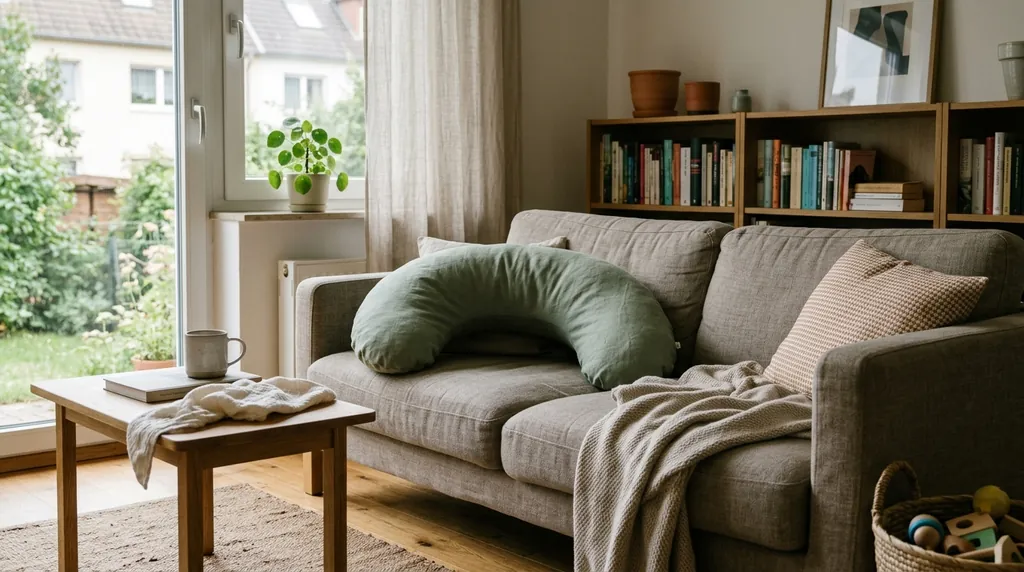 Halbmondförmiges Stillkissen mit Leinenbezug auf einem Sofa