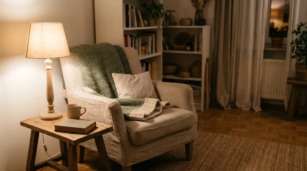 Abendliche Stillecke mit gedimmter Lampe, Sessel, Decke, Buch und Teetasse
