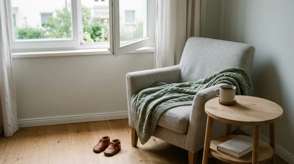 Ruhige Stillecke am Fenster mit gefalteter Babydecke, Teetasse und kleinen Kinderschuhen im Morgenlicht